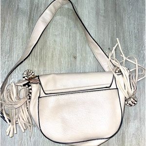 Beige fringe adjustable strap bag purse
